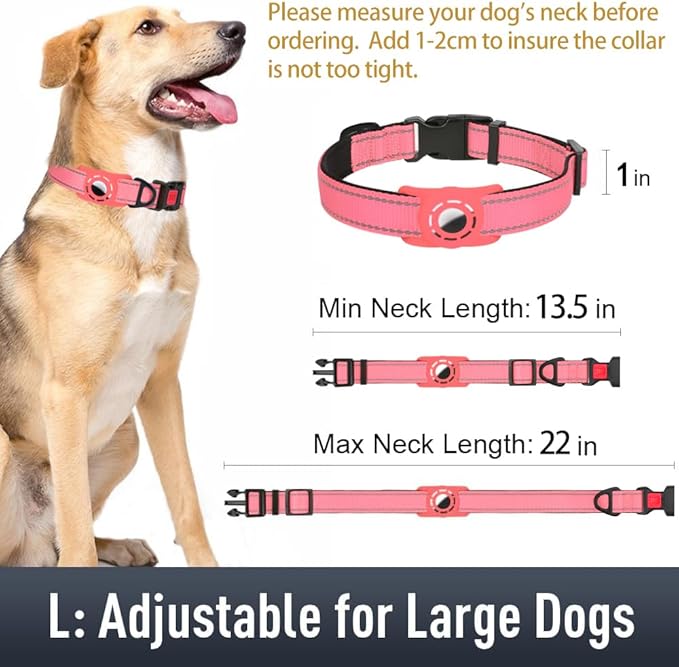 Airtag Dog Collar with AirTag Holder for Large Dogs, Reflective, Soft Padded & Safety Locking Buckle, Nylon Pet Collars Adjustable for All Breeds, Pink,L