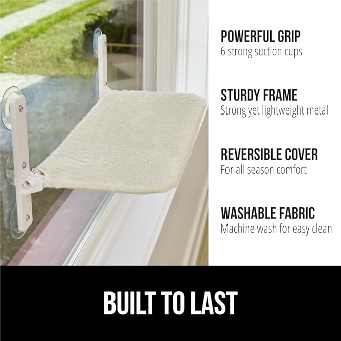 GORILLA GRIP Cat Window Perch, Foldable Cat Window Hammock Bed with 6 Large Suction Cups, Cordless Indoor Wall Shelves, Strong Metal Frame Holds 30lbs, Reversible Washable Sherpa Cover, Medium Beige