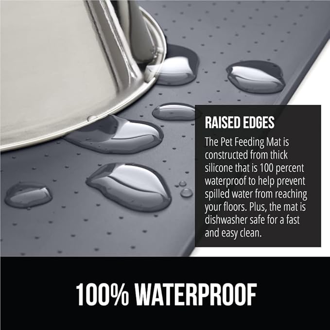 GORILLA GRIP 100% Waterproof Raised Edge BPA Free Silicone Pet Feeding Mat, Dog Cat Food Mats Contain Spills Protects Floors, Placemats for Cats and Dogs Water Bowl, Pets Accessories 23x15 Gray