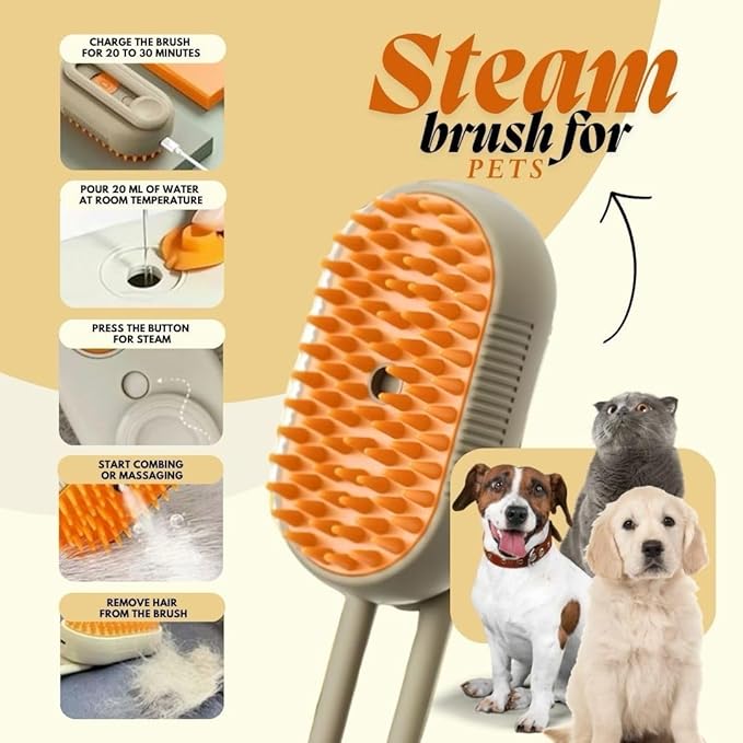 3-in-1 Steam Pet Brush for Cats & Dogs – Self-Cleaning Grooming Comb with Spray Mist, Massage & Shedding, Rechargeable USB, Anti-Static, Foldable Handle – Kakhi