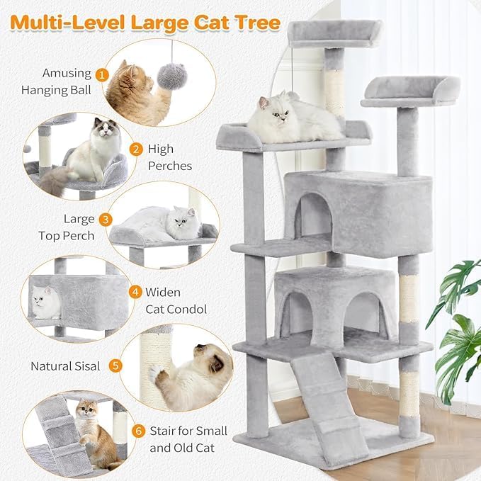 56-Inch Multi-Level Cat Tree Tower for Indoor Cats with 2 Condos, Scratching Posts & Hanging Toys – Large Cat Activity Center Furniture, Light Gray
