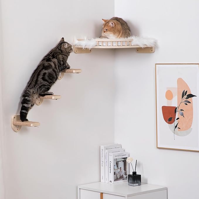 Large Cat Shelves with 3 Steps, Wall Mounted Cat Climbing Shelf with Plush Covered Bed, for Indoor Cats (Wood)