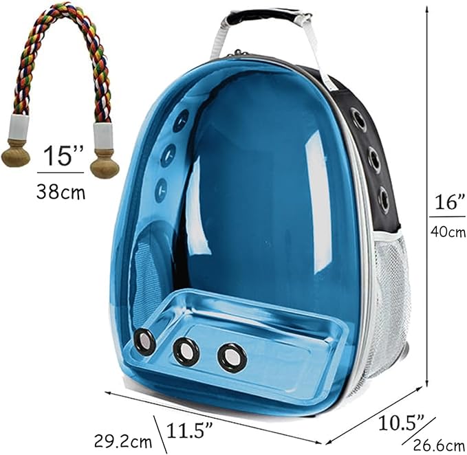 Bird Traval Carrier Cage, Polarized Tinted Blue Space Capsule Astronaut Backpack to Carry Parakeet Cockatiel Parrot with Bird Feeder Metal Tray Wood Perch, Vet Transport Bag