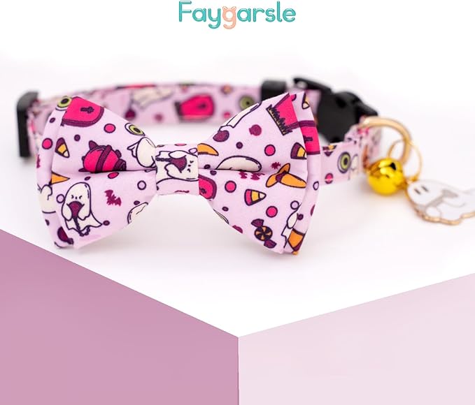 Faygarsle 2 Pack Breakaway Cat Collar Collection - Ghosts Pattern Cat Collar with Bell - Seasonal Holiday Bowtie - Fall - Pink, Purple