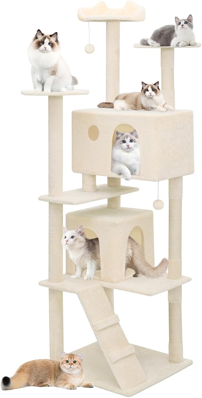 Athena Collection Cat Tree, 77 Inch Cat Tower for Indoor Cats, Multi-Level Cat Tree Tower Activity Center with 2 Cat Condo & Cat Scratching Post & Dangling Ball, Tall Cat Tree, Beige