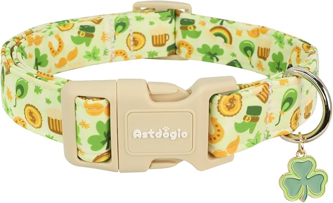 St. Patrick's Day Dog Collar,Light Green Puppy Collar with Lucky Shamrock,Adjustable Spring Cotton Collars Gifts for Small Medium Large Dogs,Dog Accessories M