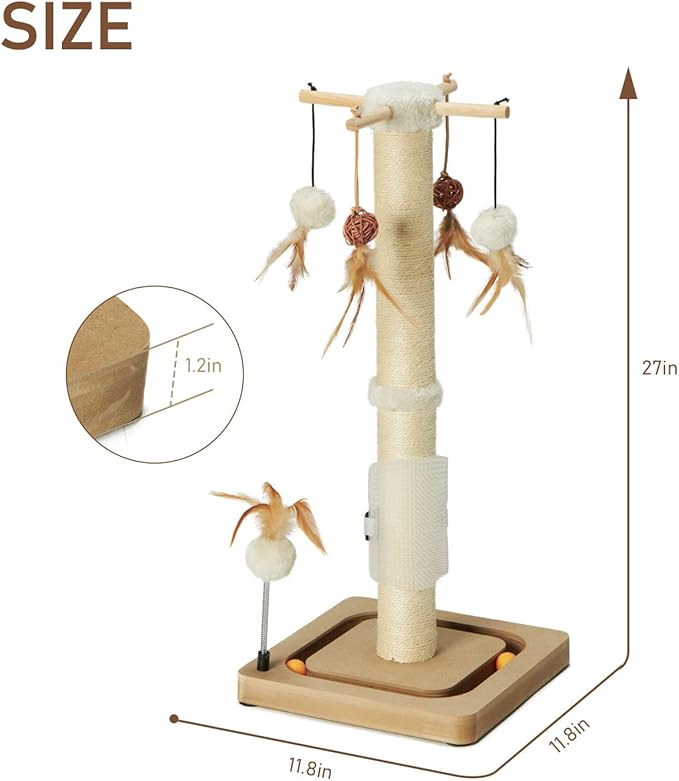 PEEKAB Cat Scratching Post 27 Inches Sisal Scratch Posts for Indoor Cats,with Track Ball Toys Kitten Vertical Scratcher Furniture Beige