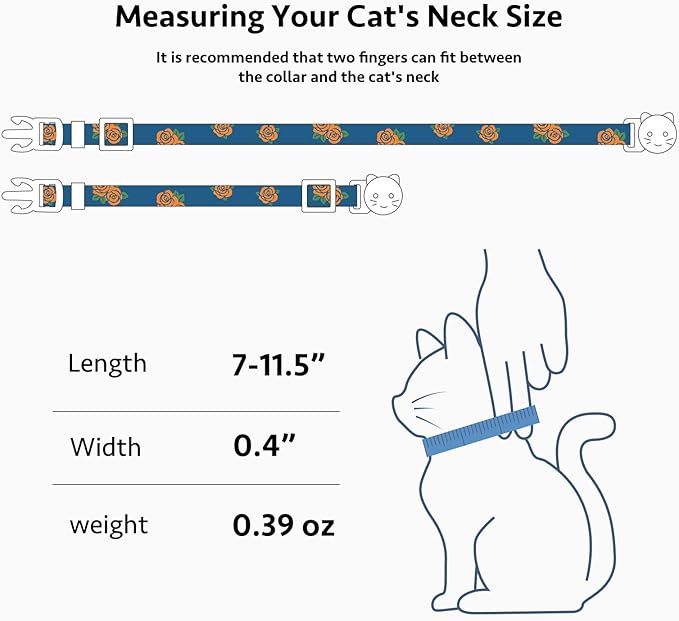 2 Pack Cotton Breakaway Cat Collar Blue and Black Rose Pendant Cute Kitten Cat Collar with Bell