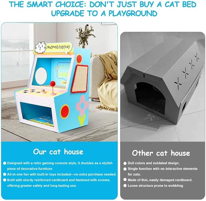 Cat House with Bed & Scratcher - Multi-Level Cat Activity Center Tower for Indoor Cats, Gaming Console Design Cat Condo with Sisal Scratching, Cat Scratcher & Mat, Cardboard Tree & Toys