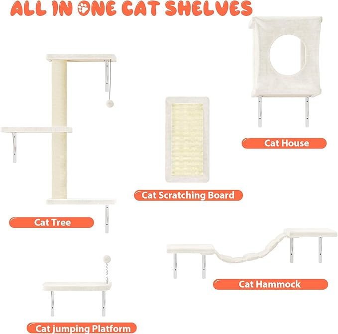 Wall Mounted Cat Furniture, 5 Pcs Cat Wall Shelves with House, Bridge, Steps, Scratching Post, Shelves, Indoor Safe & Stable Furniture for Kittens Play,Beige