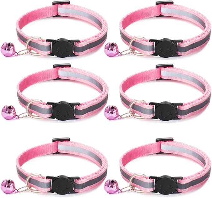 6 Pack Reflective Cat Collar with Bell, Breakaway and Safe Collars for Cats, Nylon, Pet Collar Adjustable19-32cm (Pink)