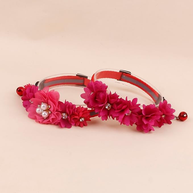 2 Pack Cat Collar Pink Floral with Bell and Removable Flower Bowtie Breakaway Adjustable Cat Collar for Girl Kitten Puppy Small Cats Dogs Daily Decoration (XQ102-5)