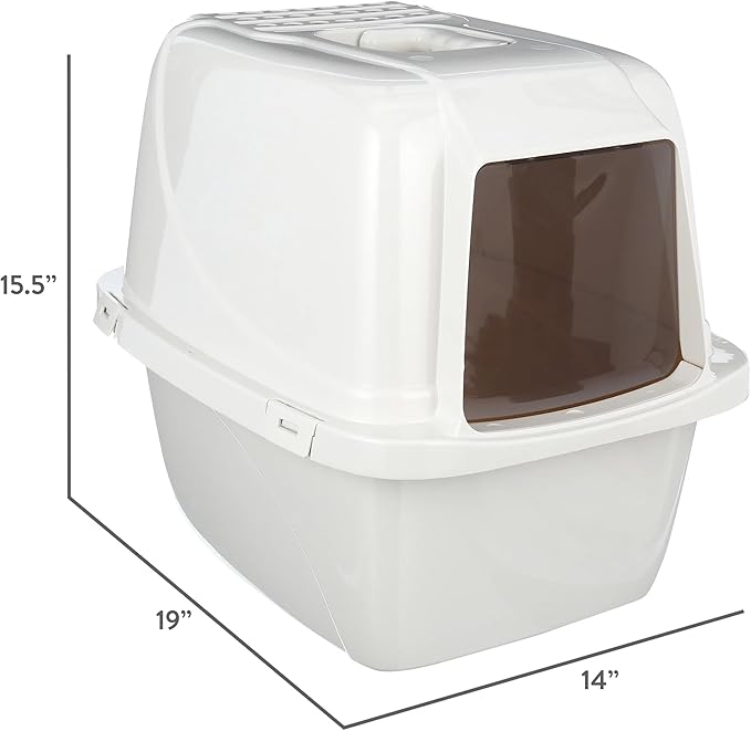 Large Enclosed Cat Litter Box with Vented Hood, Prevents Scatter and Odors, Cat & Rabbit Corner Covered Litter Box,19x14x15.5 Inches, Pearl White
