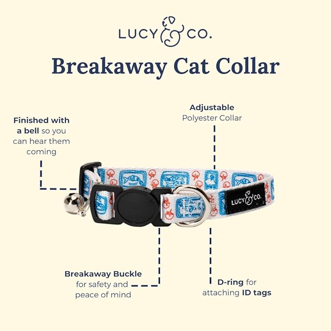 Lucy & Co. Tinned Fish Breakaway Cat Collar with Bell – Designer Print Adjustable Safety Collar for Cats, Kittens & Small Dogs, Lightweight Pet Collar for Boy & Girl Cats – Large