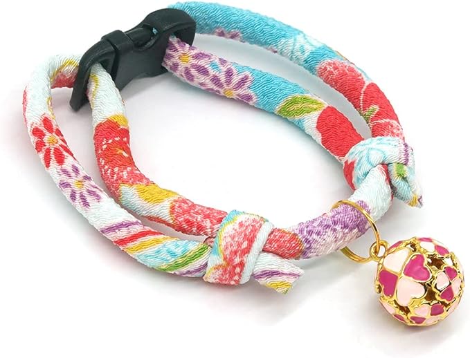 PetSoKoo Four-Leaf Clover Cat Collar with Bell Breakaway Buckle. Japanese Chirimen,Cute Kitten Collar for Girl Boy Cat