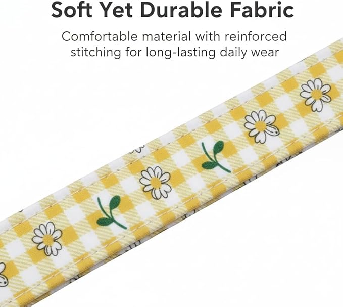 Cute Dog Collar, Yellow Plaid Dog Collar with White Floral Pattern, Spring Summer Design Floral Collar for Girls Boys Large Dogs