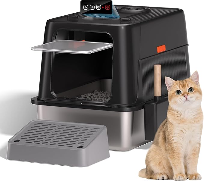 Breeze Litter Box System Stainless Steel Litter Box with Lid, 3-in-1 Design 160° Flip-Top Cat Litter Box Enclosure,Smart Air Extraction System Odor Contral, Dual Safety Infrared Sensor, Easy to Clean