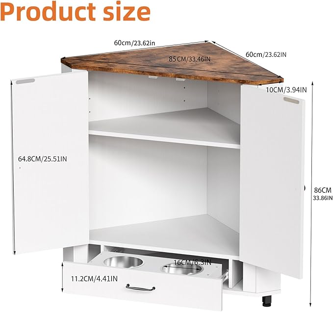 PakaLife Farmhouse Dog Food Storage Corner Cabinet, Dog Feeding Station with 2 Hidden Bowls, Adjustable Panel, 4 Hooks, Pet Feeding Station Corner Cabinet for Medium, Small Sized Dogs