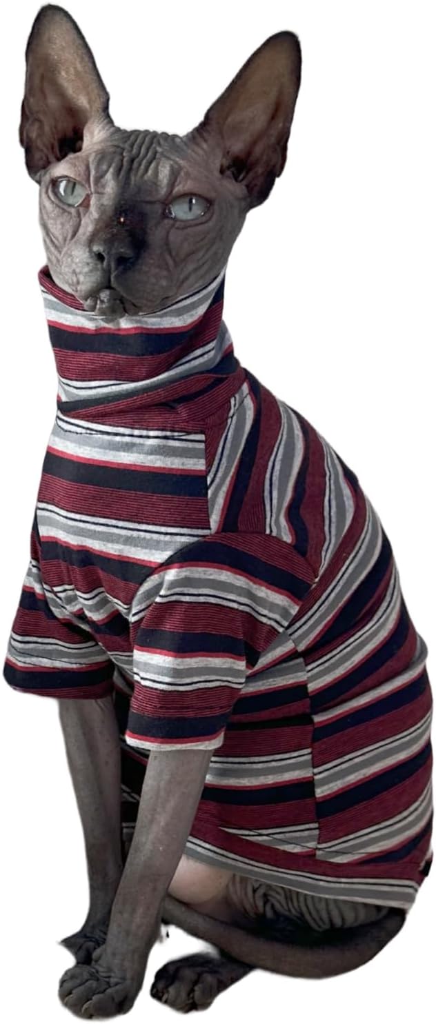 Vintage Stripes Sphynx Hairless Cats Shirt Cotton Cat Turtleneck Pet Clothes Kitten T-Shirts with Sleeves for Sphynx Cats (Old School, Medium)