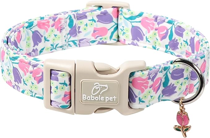 Floral Dog Collar for Medium Dogs - Pink Purple Tulips Print Dog Collars, Spring Summer Cute Flower Puppy Collar, Lightweight Adjustable April Holiday Boy Girl Dogs Collars M