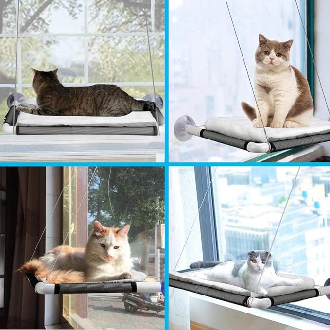 Cat Window Perch, Cat Hammock Window Seat w/Free Fleece Blanket 2025 Latest Screw Suction Cups Extra Large Sturdy Bed Resting Seat Hold Two Large Cats White Indoors (One Extra Suction Cup