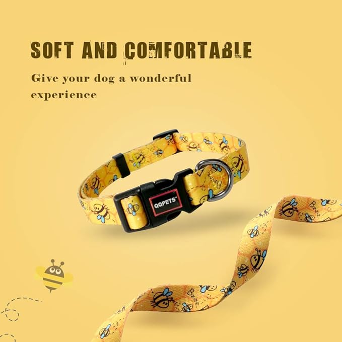 QQPETS Adjustable Soft Dog Collar: Print Flower Pink Multicolor Cute Patterns for XS Small Medium Large Pet Girl Boy Puppy Walking Running Training (M, Yellow Bee)