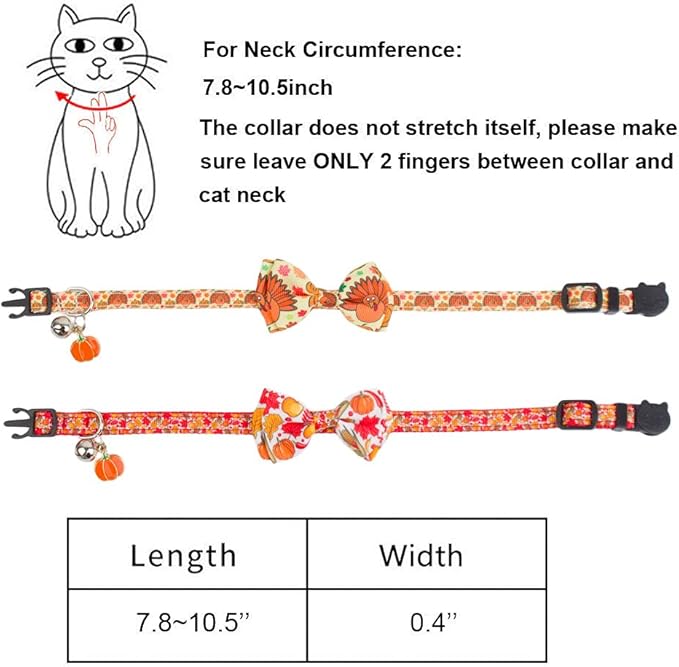 ADOGGYGO Thanksgiving Cat Collars with Bow Bell, Breakaway Fall Kitten Collar with Bowtie Pumpkin Turkey Collar for Girl Boy Cats Kittens