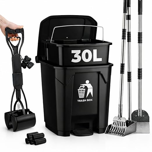 30L Dog Poop Trash Can Outside with Pooper Scooper, Inner Bucket, Stainless Steel Dustpan, Rake & Shovel, Waste Bags for Dog Poop Disposal