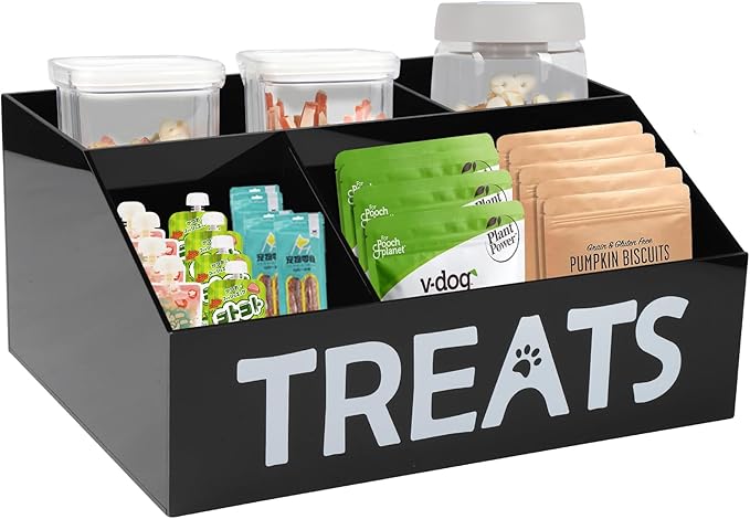 Dog Treat Organizer,4 Compartments Dog Treat Station, Trapezoid Dog Treat Container for Countertop, Cat Treat Storage Bin, Ideal for Dog Cat Bagged Snack or Can Food-Black