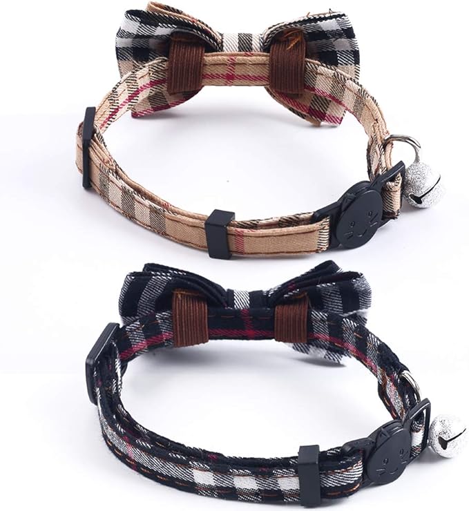 SuperBuddy Cat Collars Breakaway with Cute Bow Bell - 2 Pack Kitten Collar Plaid Cat Collar with Removable Bowtie Cat Collar for Cats Kittens…