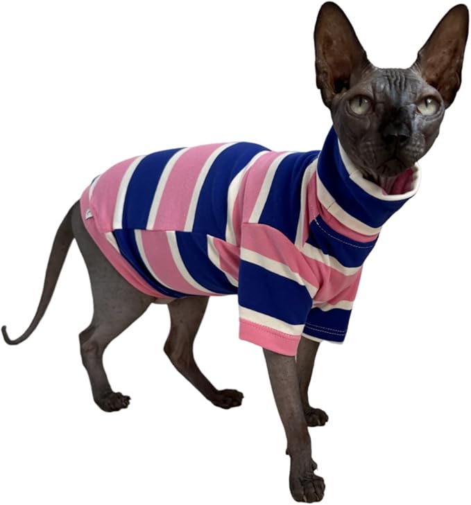 Vintage Stripes Sphynx Hairless Cats Shirt Cotton Cat Turtleneck Pet Clothes Kitten T-Shirts with Sleeves for Sphynx Cats (Wide Pink Blue Stripe, Small)