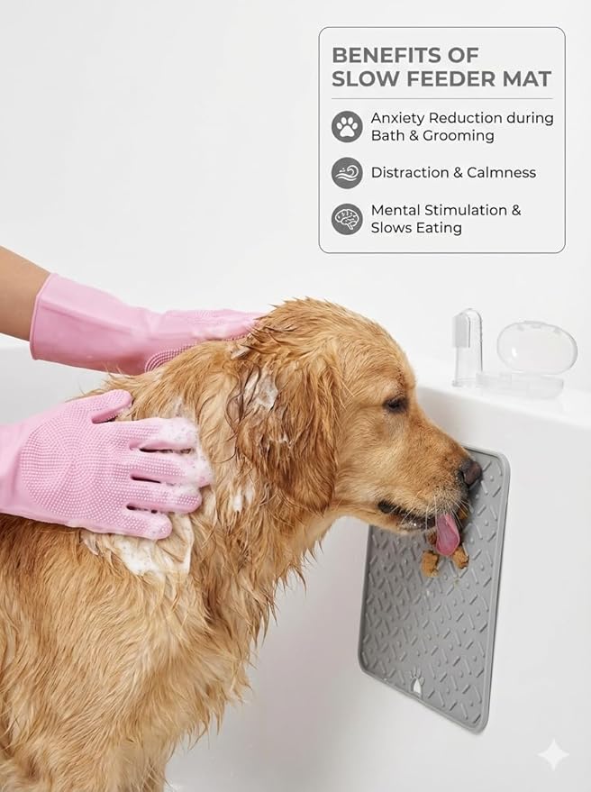 3-in-1 Stress-Free Dog Bathing Kit – Silicone Grooming Gloves, Suction Lick Mat, and Dental Brush – Complete Pet Spa Set for Anxious Dogs (Pink)