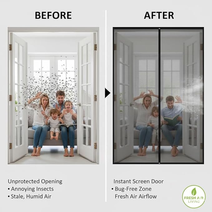 Premium Magnetic Screen Door, Heavy-Duty Reinforced Mesh, Ultra-Dense Weave, Smooth Auto-Close, Pets & Kids – Hands-Free, No-Gap Seal