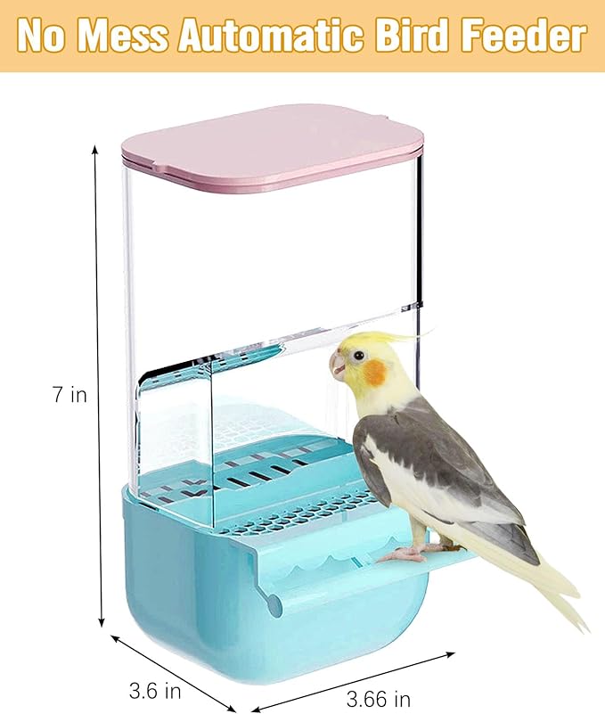 BNOSDM No Mess Bird Cage Feeders Automatic Bird Feeder Parrot Cage Accessories Transparent Seed Food Container with Perch for Finches, Parakeets, Budgies, Lovebirds, Cockatoos, Canaries (Blue)