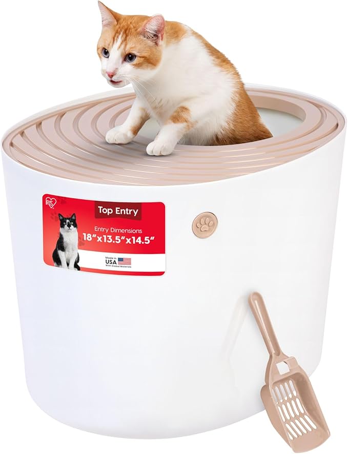 IRIS USA Cat Litter Box, Large Top Entry with Litter Catching Lid and Scoop, Dog Proof, Cat Box Enclosure, Beige/White