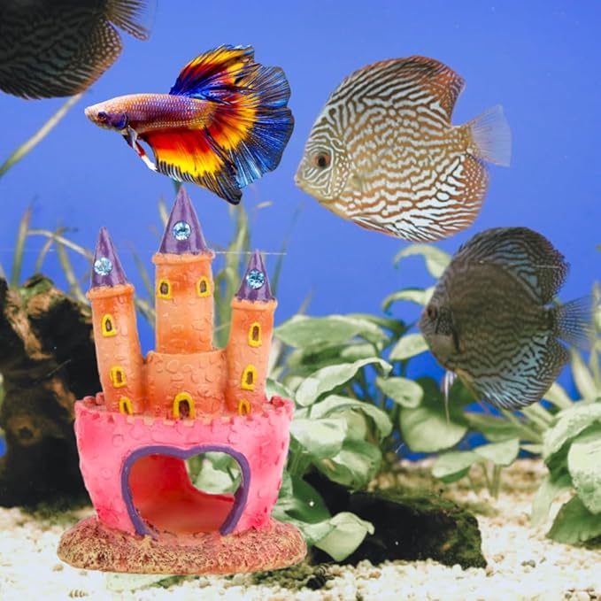 Fish Tank Decorations Pink Castle Aquarium Decorations Resin Fish Cave Hideouts Large Aquarium Decor,Vintage Castle Fish Tank Accessories for Betta Fish Freshwater and Saltwater Fishtanks