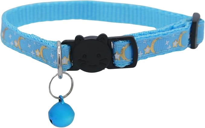 Set of 2: KioKatt Celestial Nylon Cat Collars with Matching Bells – Adjustable Breakaway Safety Collars for Adult Cats, 7–11" (Yellow + Soft Blue)