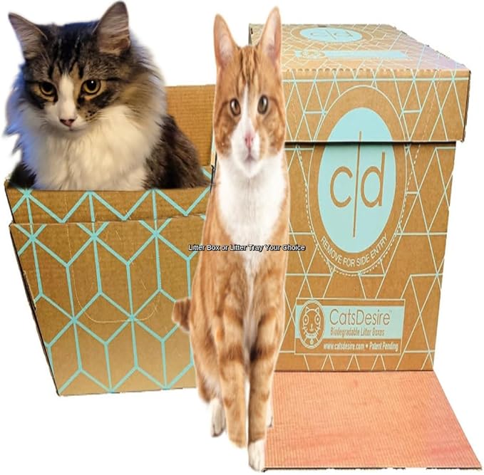 Disposable Litter Boxes for Cats Sampler Both Our Patented Products Woman Owned Small Bus. Made in USA Tray 8.5in. Tall Top Entry Litter Box 15in. Tall. 2021 A.I.C.C. Innovation Award