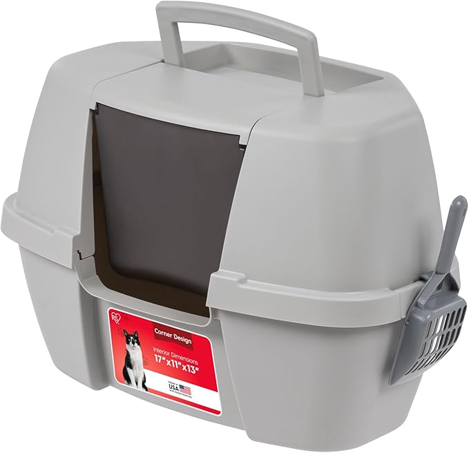 IRIS USA Corner Cat Litter Box Enclosed with Scoop - Privacy and Easy Access for Cleaning, Odor Defensive Hooded Litter Tray, Sturdy Stain Resisting Plastic, Fits in Most Corners, Gray