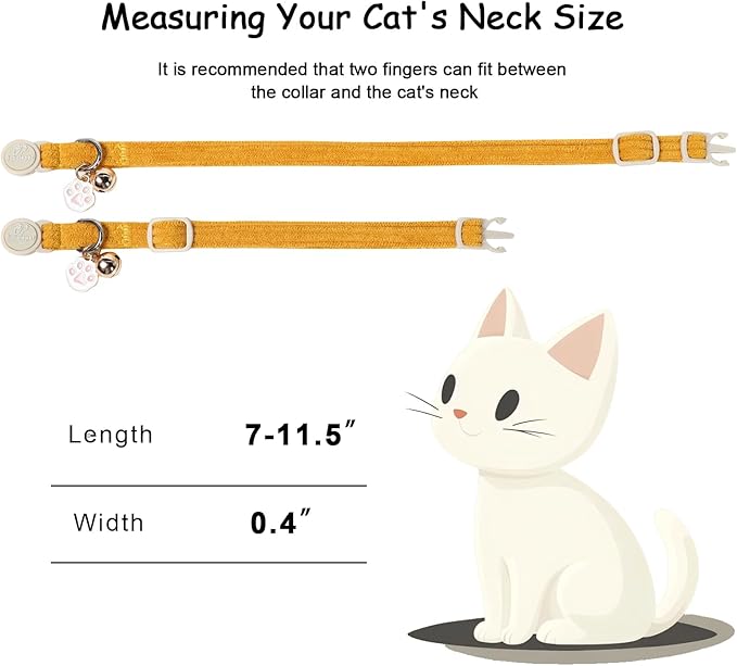 2 Pack Corduroy Cat Collars - Cute Breakaway Cat Collar with Bell and Paw Pendant, Soft Adjustable Fall Winter Kitten Collars for Girl Boy Cats, Yellow&White