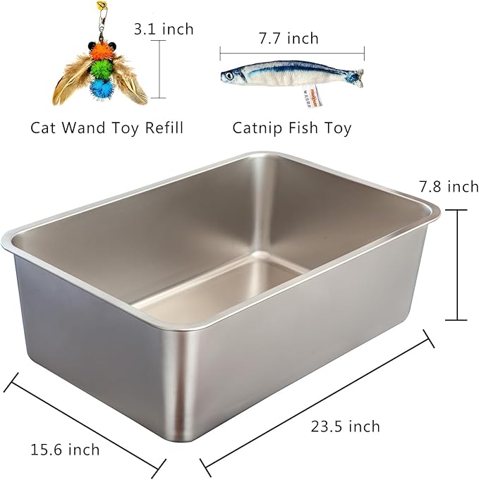 XXL Stainless Steel Cat Litter Box, Includes Catnip Fish Toy & Wand Feather Toy Refill, Extra-Large Metal Litter Pan for Big Cats & Multi-Cat Homes, Pet Toilet Supplies for Kitten
