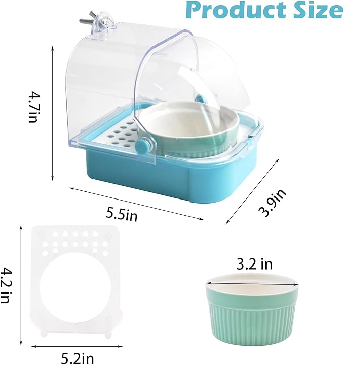 2 in 1 No Mess Bird Feeder,Bird Cage Feeder with Ceramic Bowl and Parrot Bathtub with Bottom Drawer Hanging Tube Shower Box for Birds Budgies Parakeet Small Parrot Cockatiels(Blue)