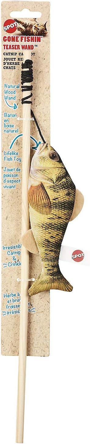 SPOT Fanatic Fish Teaser Wand for Cats – Realistic Fish Cat Toy with Catnip and Crinkle, Interactive Wand Toy for Batting, Swatting, and Chasing Play, Assorted Styles