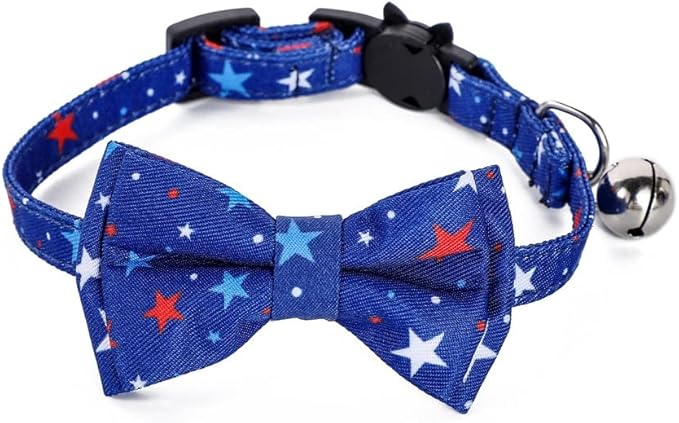 2-Pack Breakaway Cat Collars with Removable Double-Layer Bow Tie and Bell for Boy and Girl Cats Safety Kitten Collars Suitable for Festivals and Daily. (Independence Day)