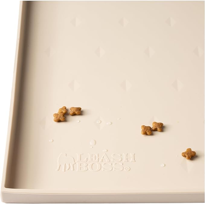 Leash Boss Dog Food Mat - Waterproof Cat & Dog Bowl Mat for Food and Water, Silicone Pet Feeding Mats for Floors, Non-Slip Placemat with High Edges, Puppy Essentials (XXL: 30"x22", Beige)