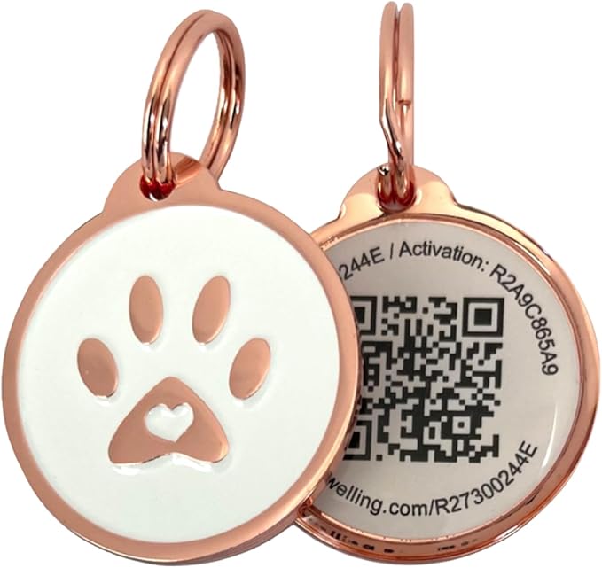 Pet Dwelling Premium QR Pet ID Tag for Dogs & Cats – Smart Pet Safety Tag with Free Online Profile, Scan Alerts with AI-Powered Insights (Lux Rose Gold White Paw)