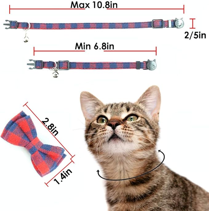 Cat Collar Breakaway with Bell and Bow Tie, Plaid Design Adjustable Safety Kitty Kitten Collars(6.8-10.8in) (Red Plaid 2)