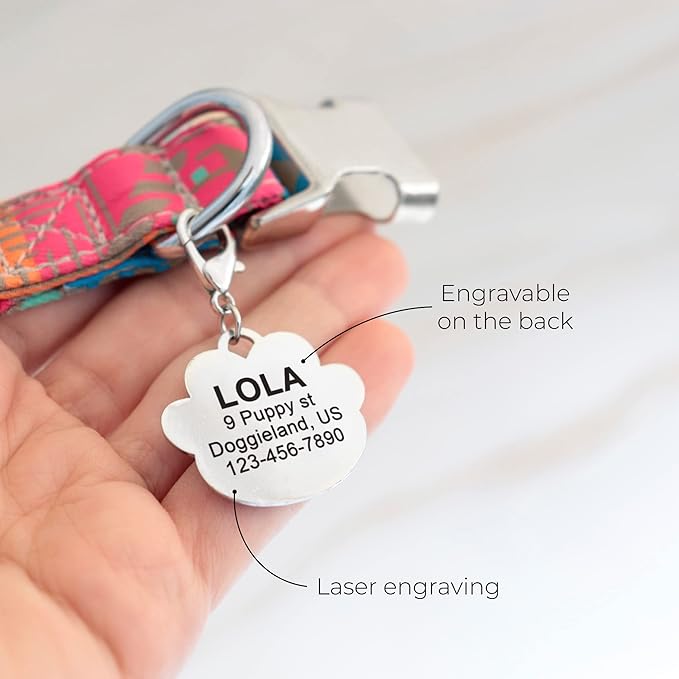PAWNIMALS Paw Shape Dog ID Tag Stainless Steel Custom Laser Engraved, Cute Bling Glitter Pet Name Tags Personalized with Durable Engraving (Crystal Paws)