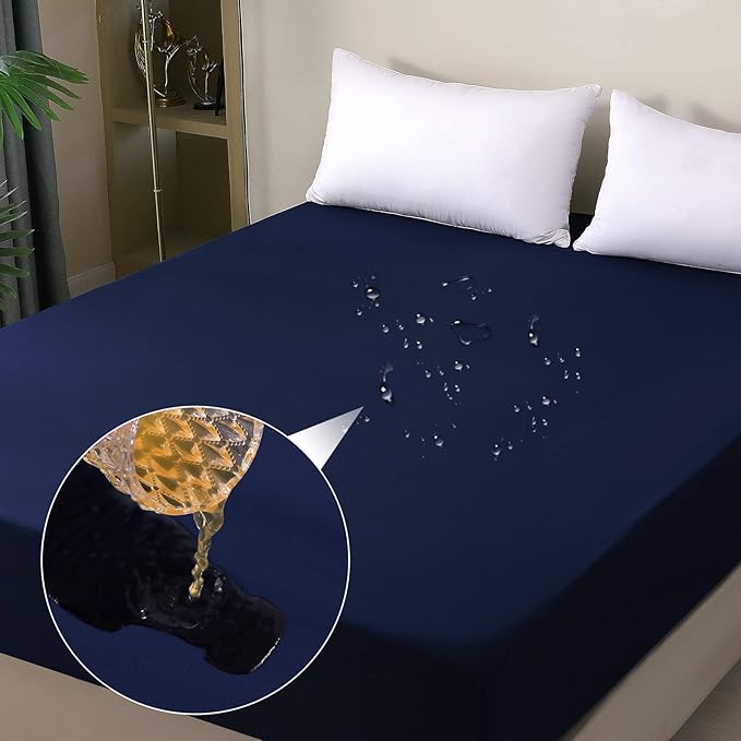 Waterproof Mattress Protector Full, Fitted Sheet Style Breathable Mattress Cover with Deep Pocket Fits Up to 18'', Noiseless Bed Cover for Kids Adults Pets, Machine Washable(Navyblue, 54'' X 76'')