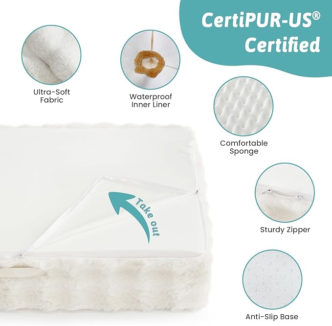 Orthopedic Dog Bed for Large Medium Size Dog, Soft and Warm Faux Fur Sofa for Pet Up to 75 lbs, Foam Bolster Anti-Slip Couch with Washable Removable Cover, L 36x27x6.5 inch, Beige